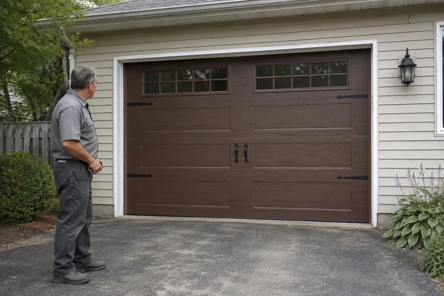 A person stands beside a closed brown garage door with upper windows and black decorative straps and handles. — Carriage-House Garage Door Installation, Owen Sound