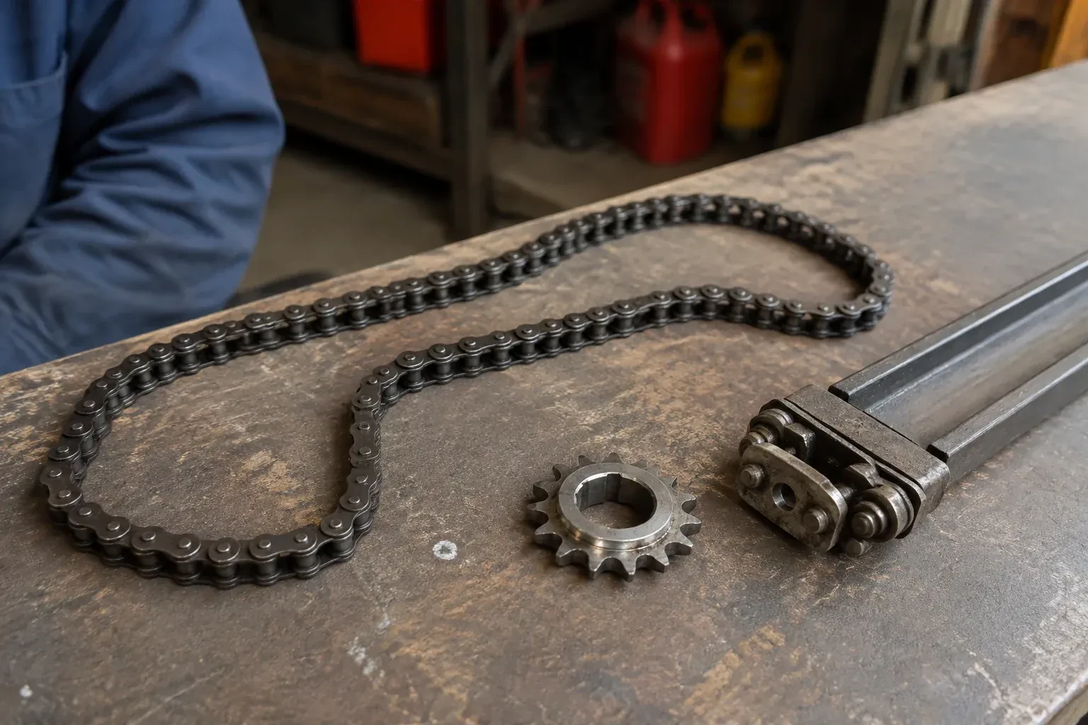 A detached metal roller chain, toothed sprocket and rail component rest on a worn garage workbench. — Chain-Drive Opener Repair, Owen Sound