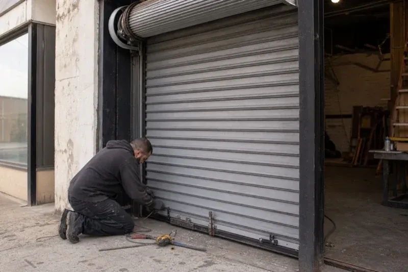 Person kneeling beside the bottom of a metal rolling door with tools on the ground — Commercial Rolling Door Repair, Owen Sound