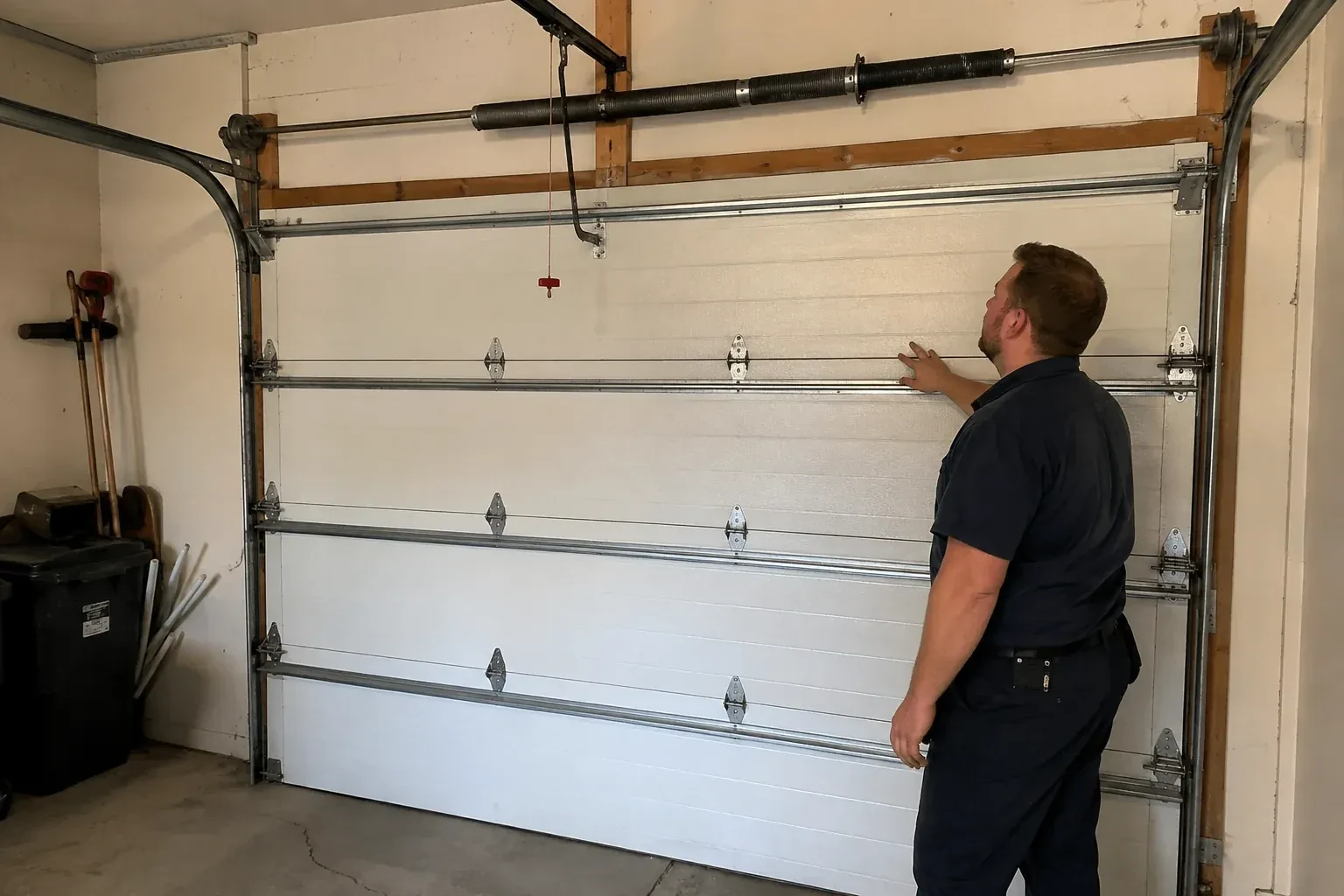 A person stands beside a closed sectional door beneath its overhead spring assembly. — Garage Door Balance Adjustment, West Grey