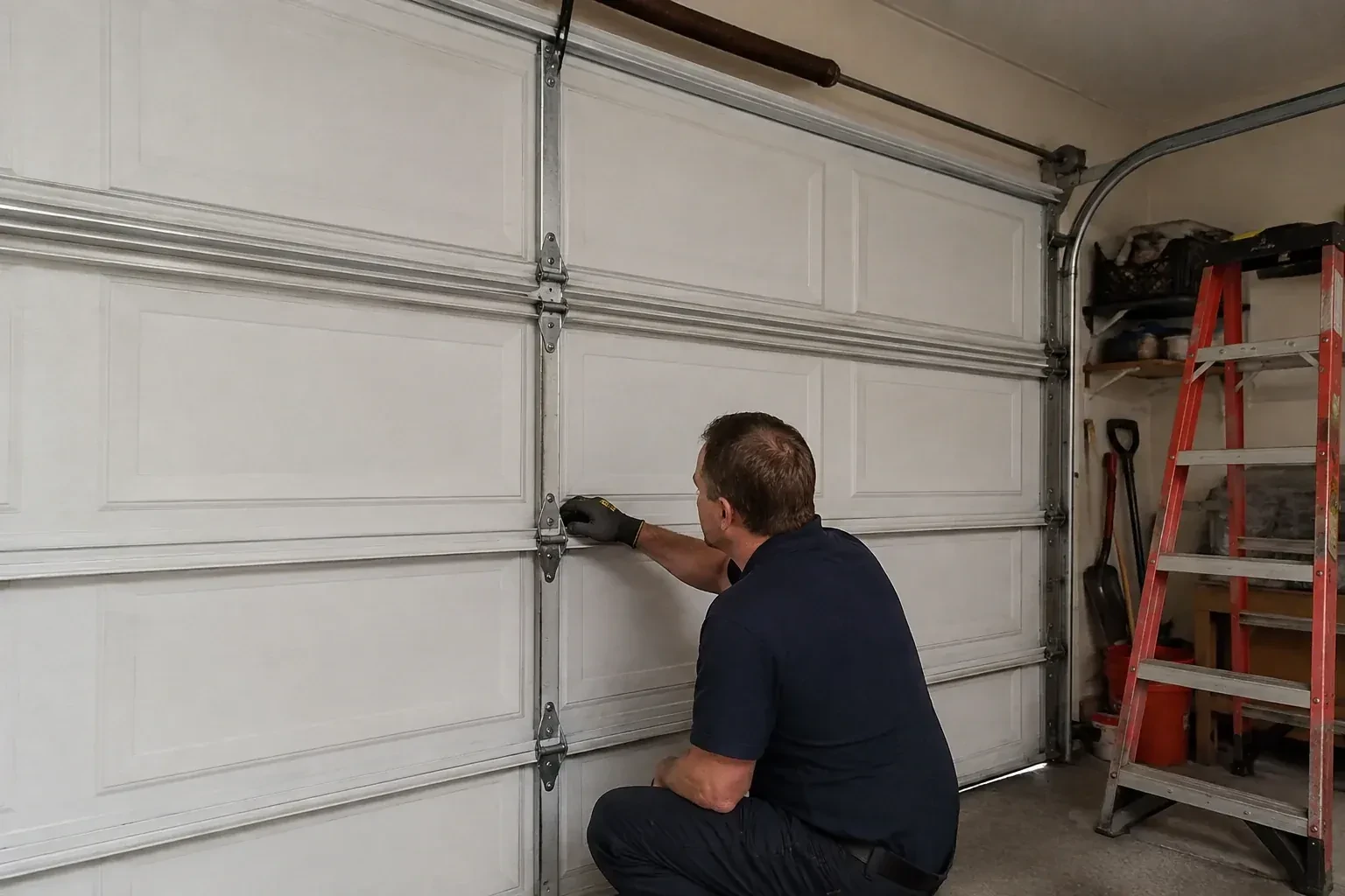 A person examines a central hinge joining two sections of a closed garage door. — Garage Door Hinge Replacement, Owen Sound