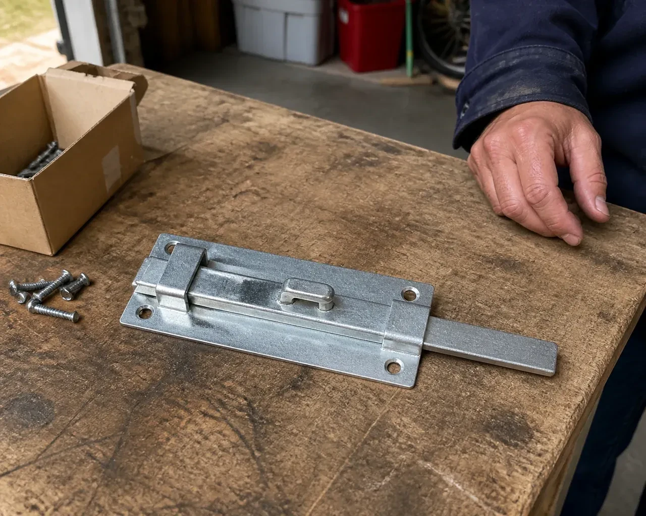 A detached metal slide bolt with mounting holes and retaining guides rests beside screws on a workbench. — Garage Door Manual Lock Repair, Bognor