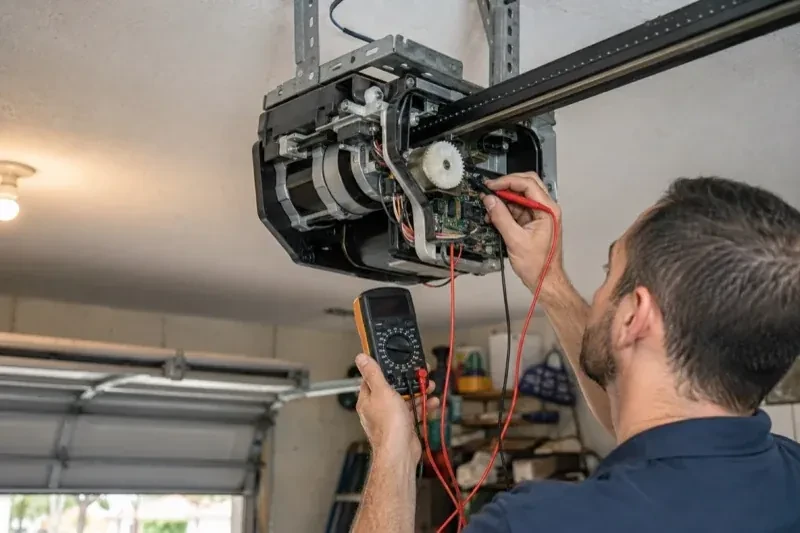 Person holding a multimeter and a red probe near the exposed circuit board of an overhead garage-door opener. — Garage Door Opener Diagnosis and Repair, Owen Sound
