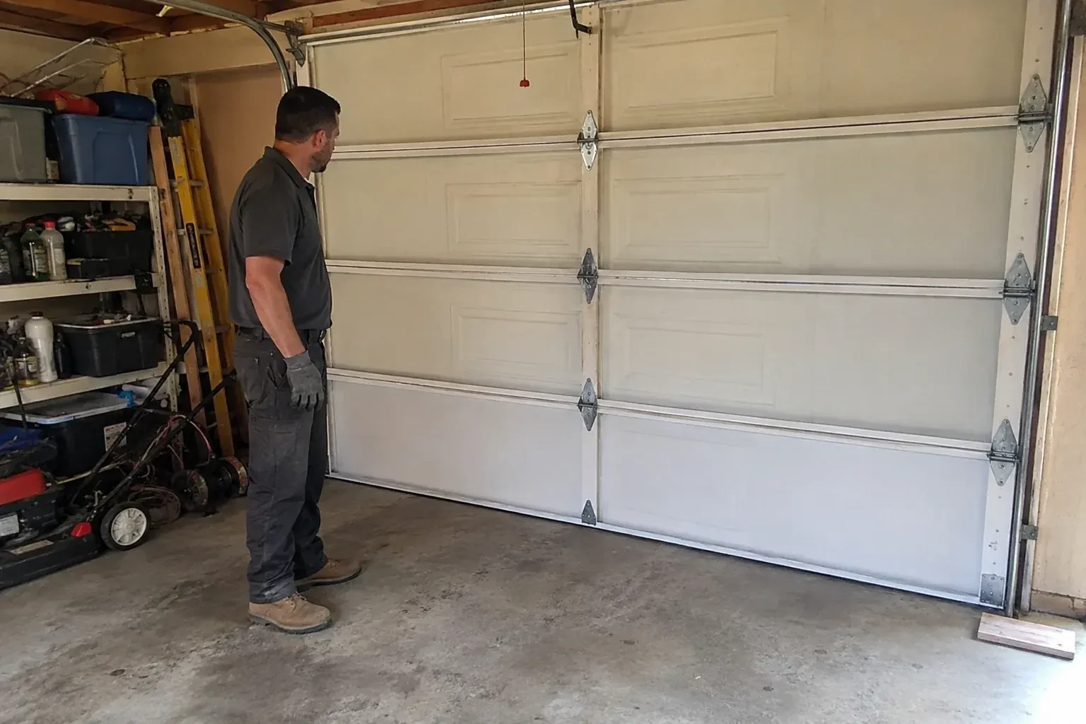 A person examines the interior panels and hinges of a closed sectional garage door. — Garage Door Panel Replacement, Brooke