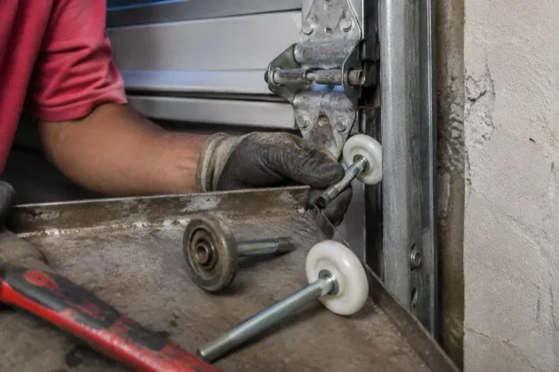 Gloved hand holding a white garage-door roller beside its track, with two loose rollers and a red tool on a tray. — Garage Door Roller Replacement, Owen Sound