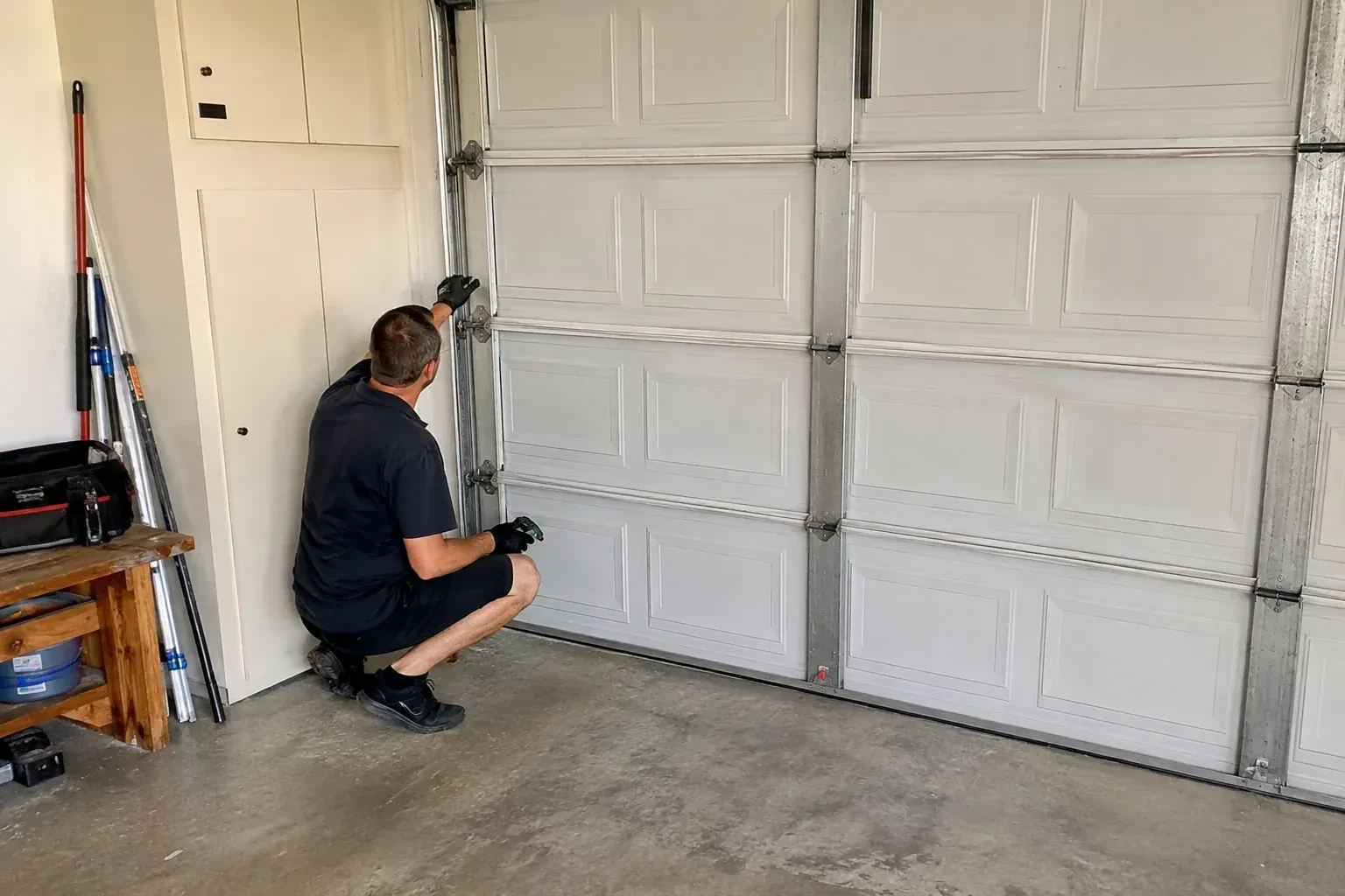 A person kneels beside the side track and hinges of a closed sectional garage door. — Garage Door Safety Inspection, Owen Sound