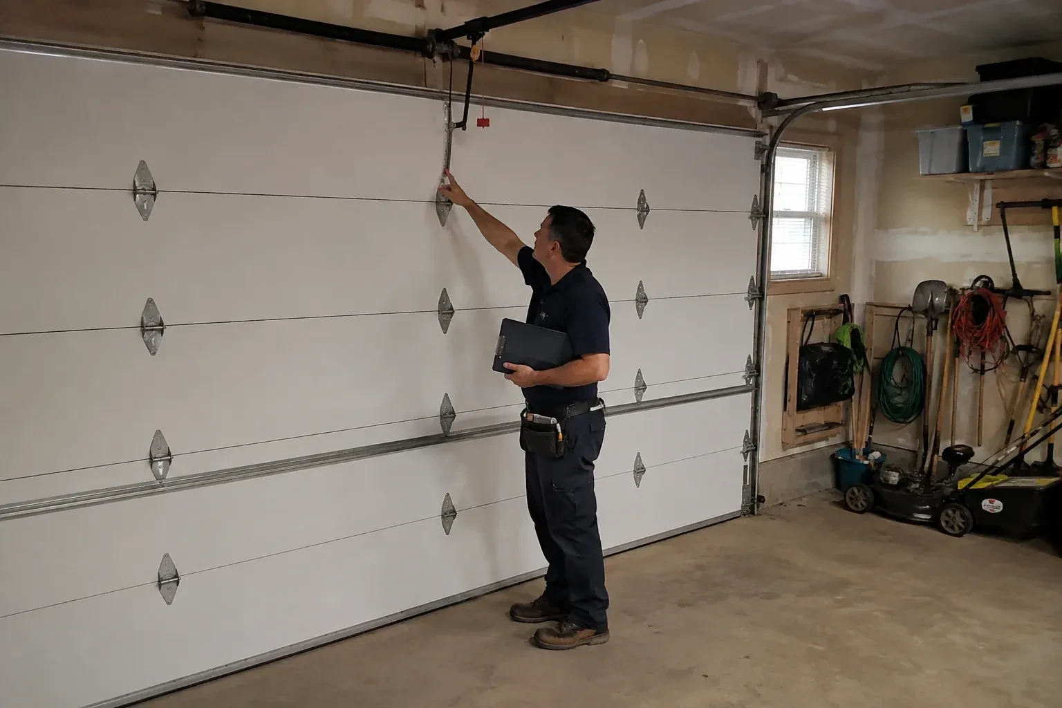 A person holding a clipboard examines the interior hardware of a closed garage door. — Garage Door Tune-Up, Owen Sound