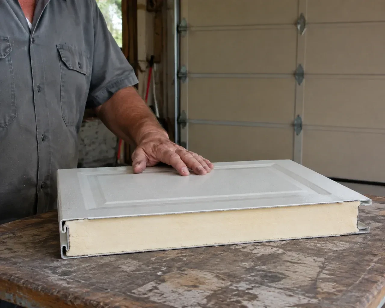 A panel sample exposes a cream foam core between thin metal faces on a garage workbench. — Insulated Steel Garage Door Installation, Owen Sound