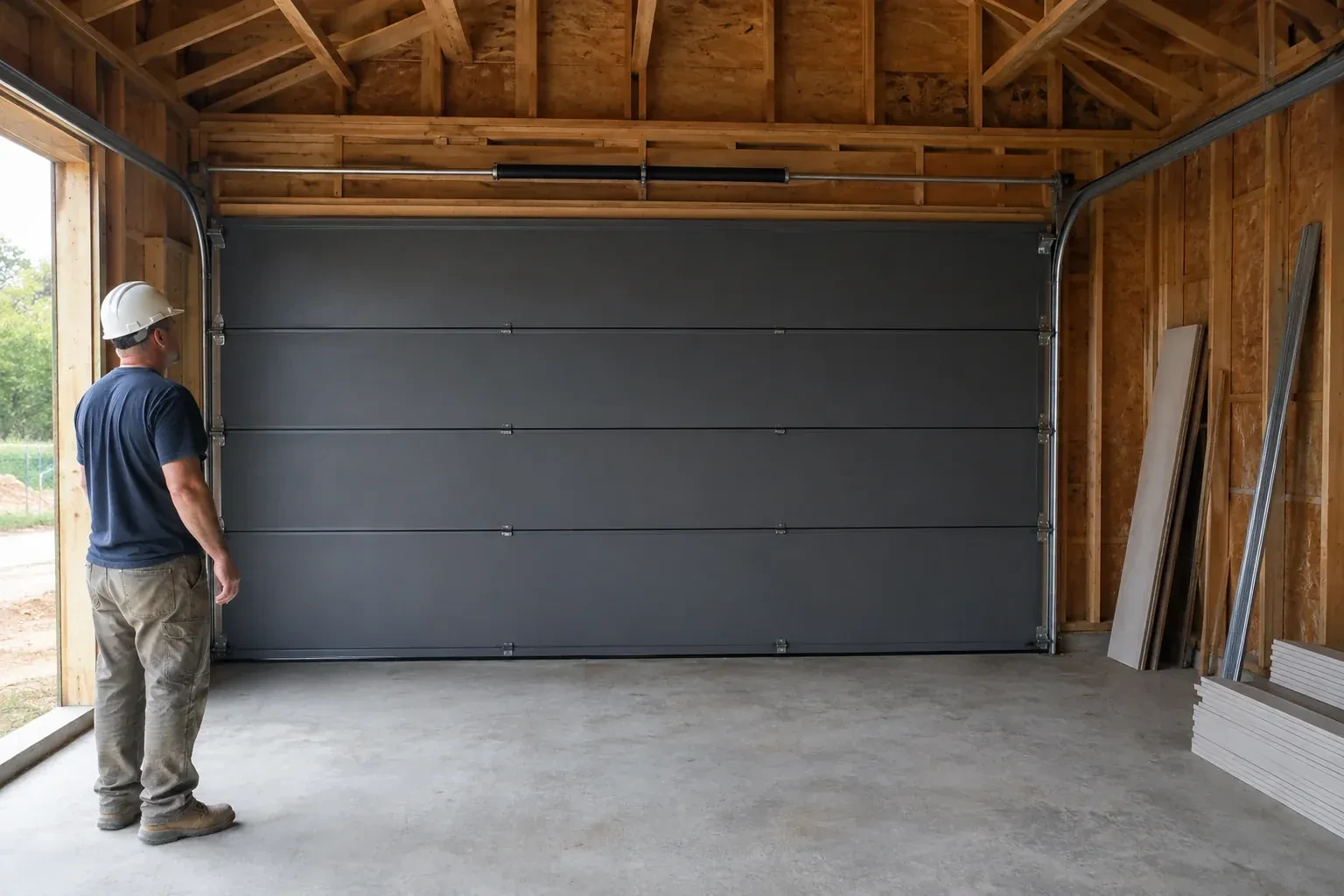 A person wearing a hard hat stands beside a dark sectional door in an unfinished timber-framed garage. — New-Construction Garage Door Installation, Owen Sound