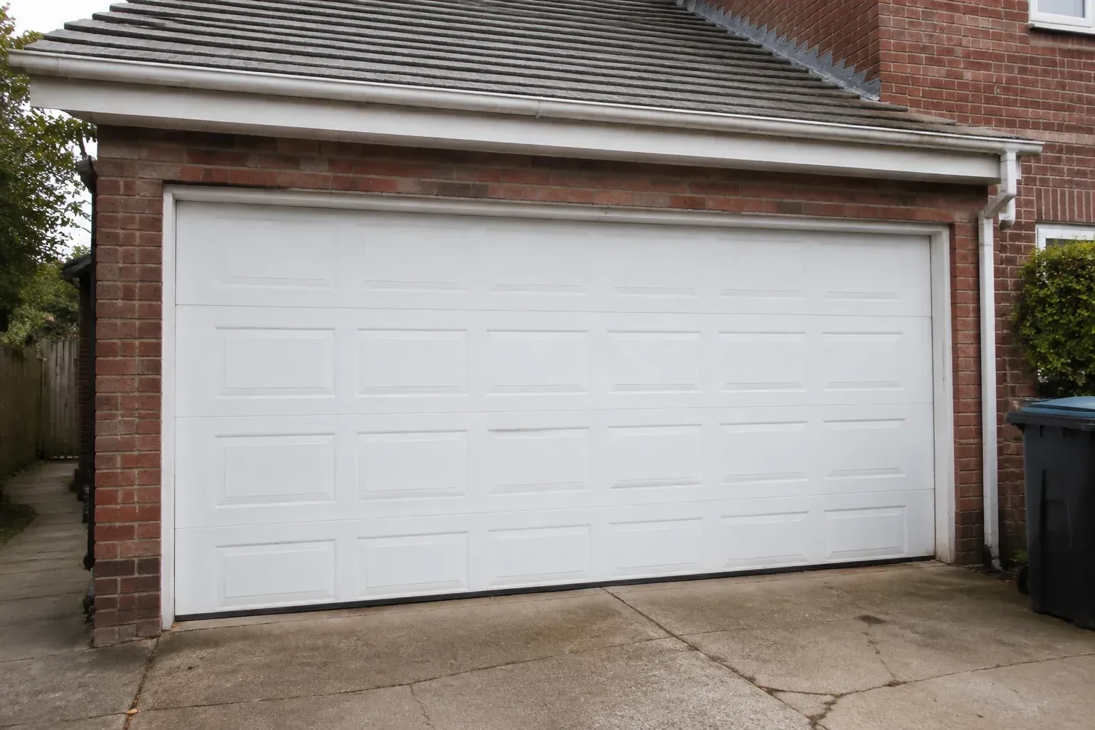 Closed white sectional garage door at an ordinary brick house. — Sectional Garage Door Replacement, Owen Sound