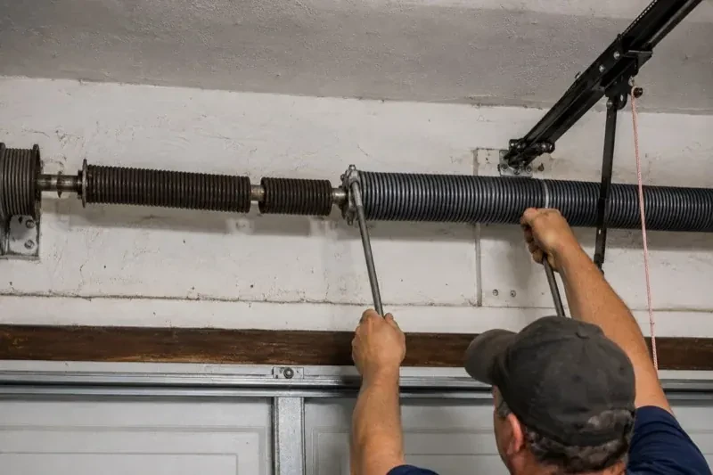 Person holding metal bars beside exposed coiled springs above a garage door. — Torsion Spring Replacement, Owen Sound
