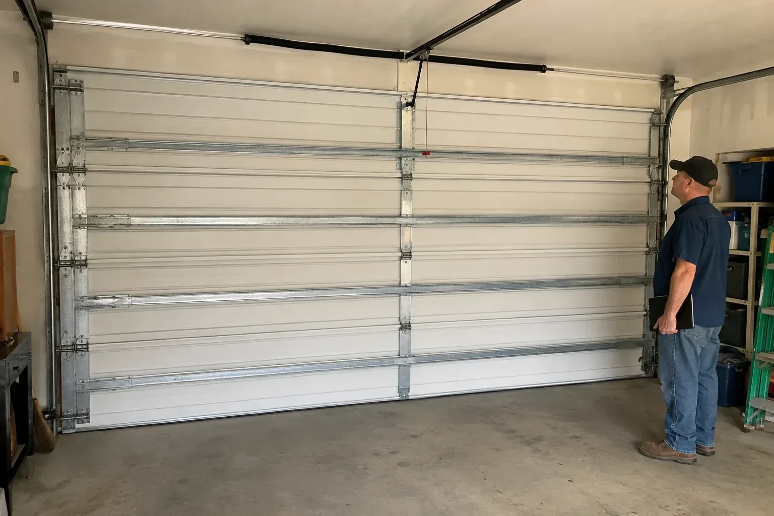 A person examines horizontal metal reinforcement members across the interior of a closed garage door. — Wind-Rated Garage Door Replacement, Owen Sound