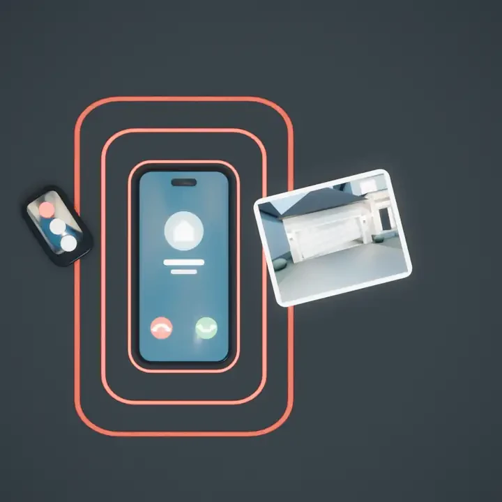 Illustration: a phone ringing on a dark shop counter, a photo of a crooked garage door arriving beside it